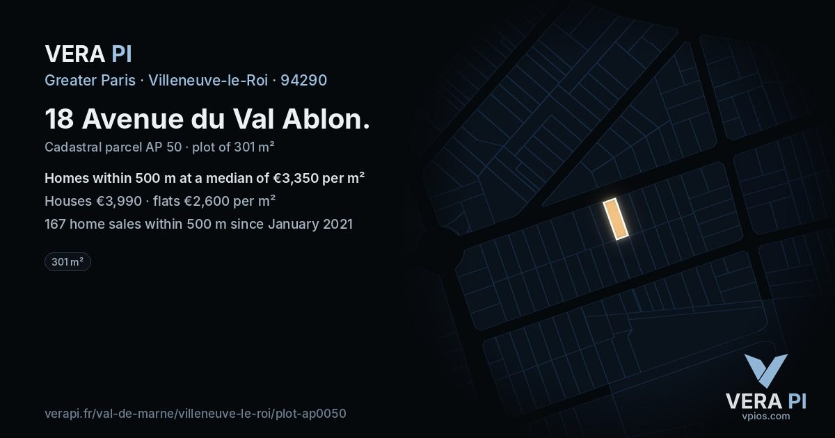 18 Avenue du Val Ablon, Villeneuve-le-Roi at night – the plot lit, the parcels around coloured by the prices near them