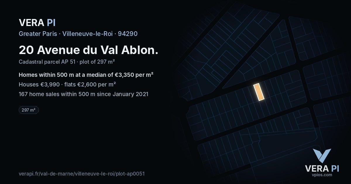 20 Avenue du Val Ablon, Villeneuve-le-Roi at night – the plot lit, the parcels around coloured by the prices near them
