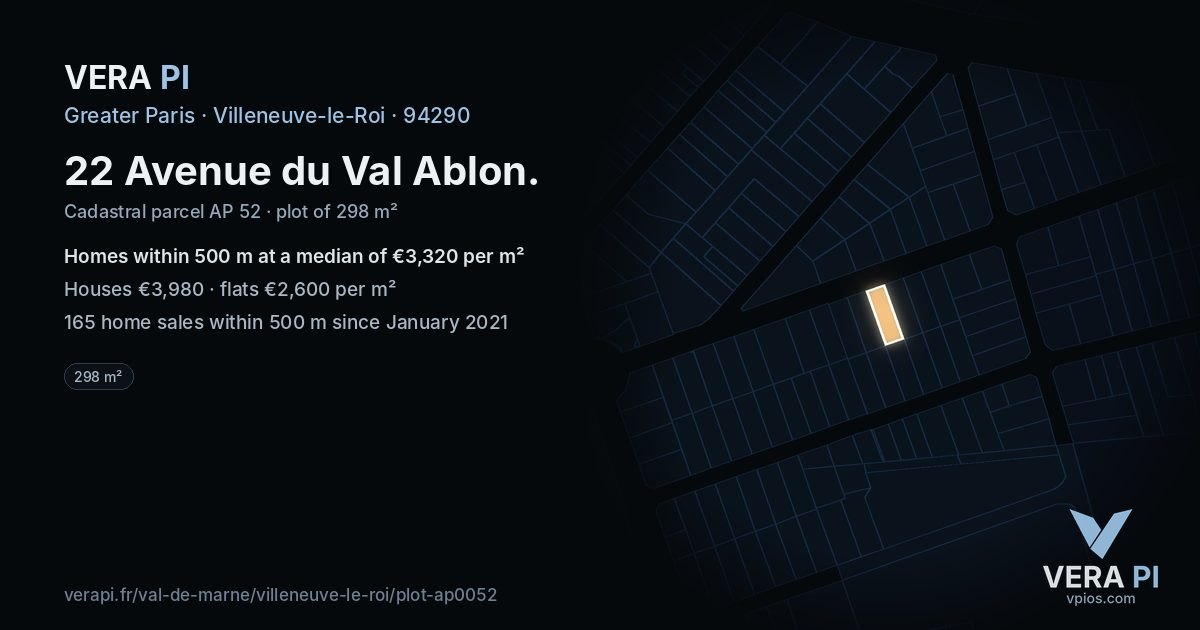 22 Avenue du Val Ablon, Villeneuve-le-Roi at night – the plot lit, the parcels around coloured by the prices near them