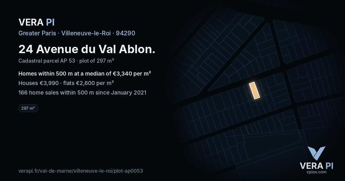 24 Avenue du Val Ablon, Villeneuve-le-Roi at night – the plot lit, the parcels around coloured by the prices near them