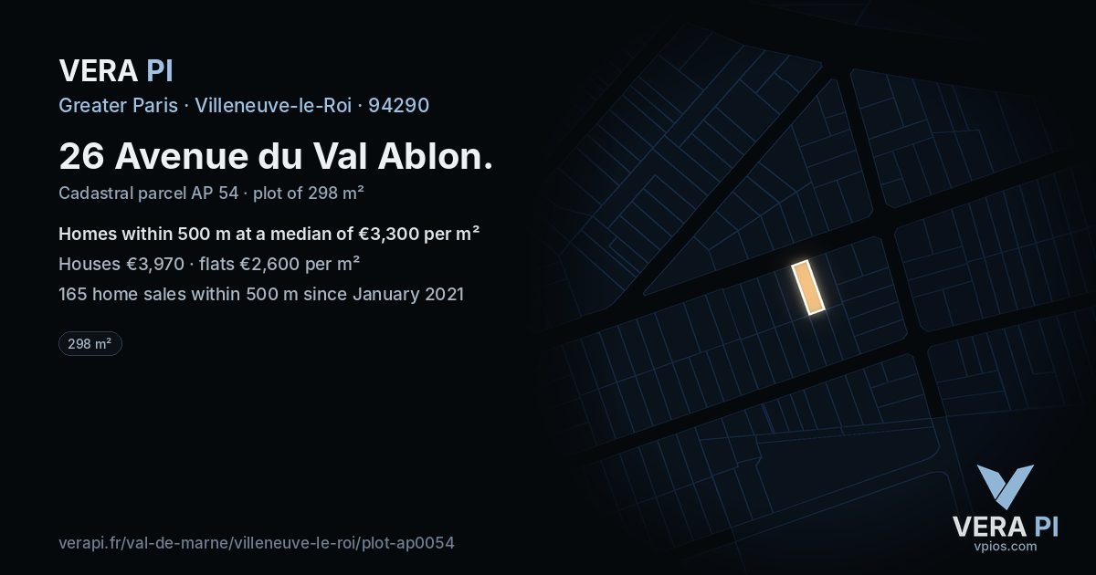 26 Avenue du Val Ablon, Villeneuve-le-Roi at night – the plot lit, the parcels around coloured by the prices near them