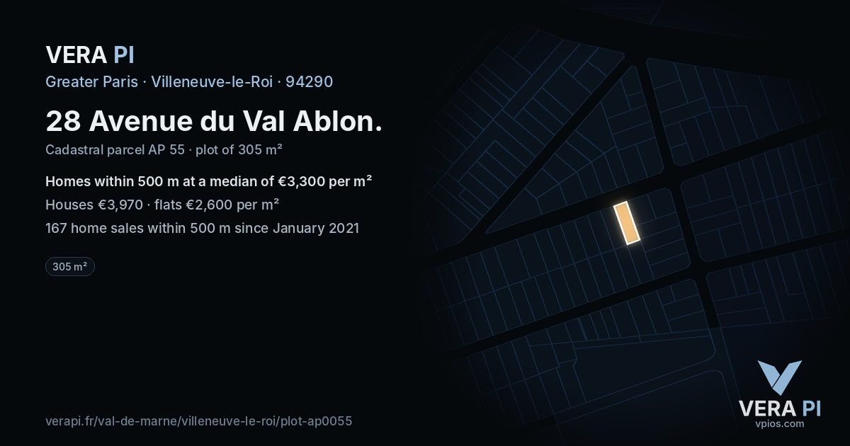 28 Avenue du Val Ablon, Villeneuve-le-Roi at night – the plot lit, the parcels around coloured by the prices near them