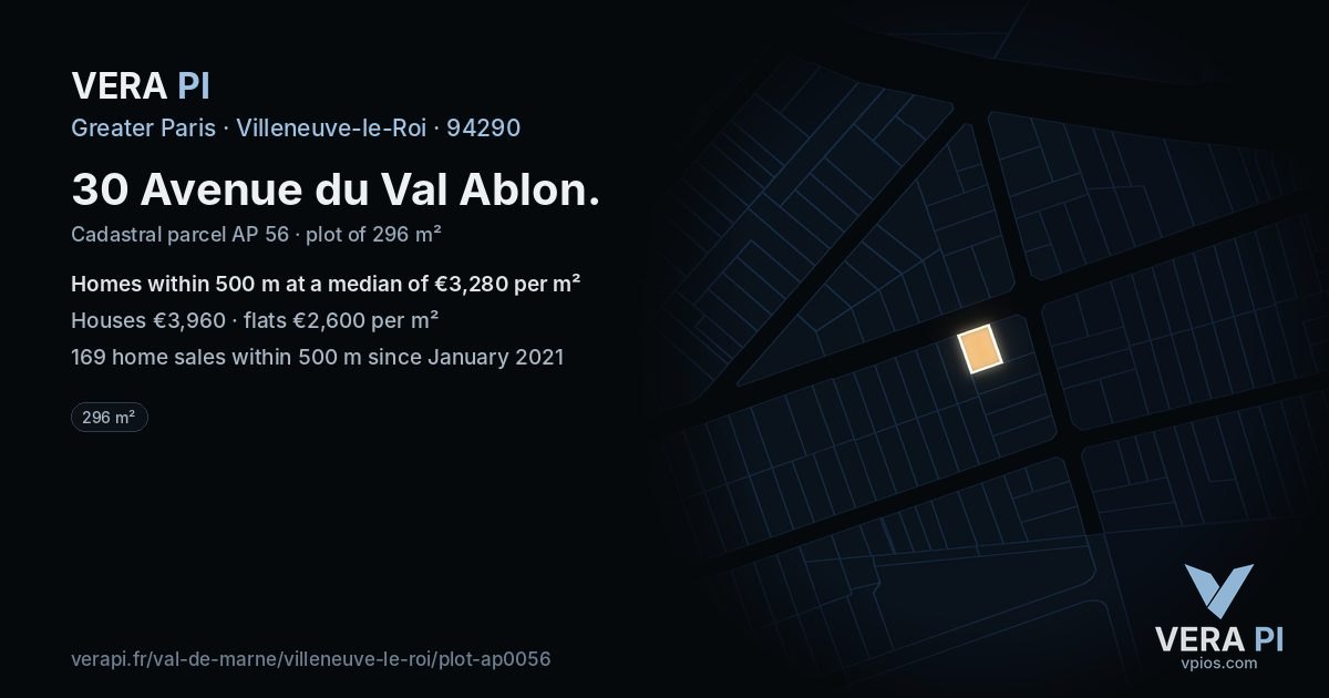 30 Avenue du Val Ablon, Villeneuve-le-Roi at night – the plot lit, the parcels around coloured by the prices near them