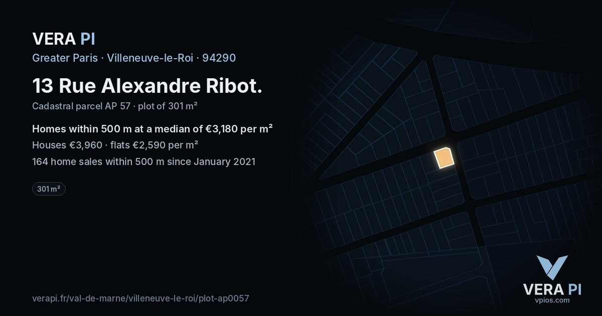 13 Rue Alexandre Ribot, Villeneuve-le-Roi at night – the plot lit, the parcels around coloured by the prices near them
