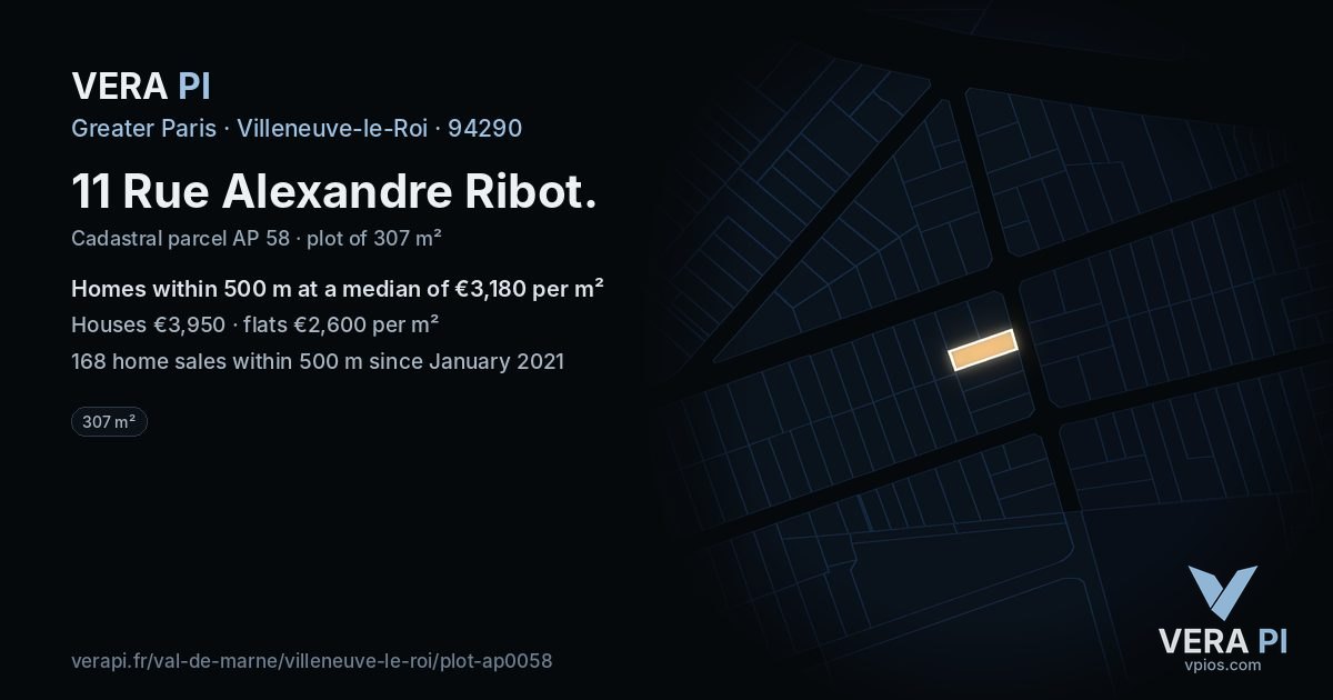 11 Rue Alexandre Ribot, Villeneuve-le-Roi at night – the plot lit, the parcels around coloured by the prices near them