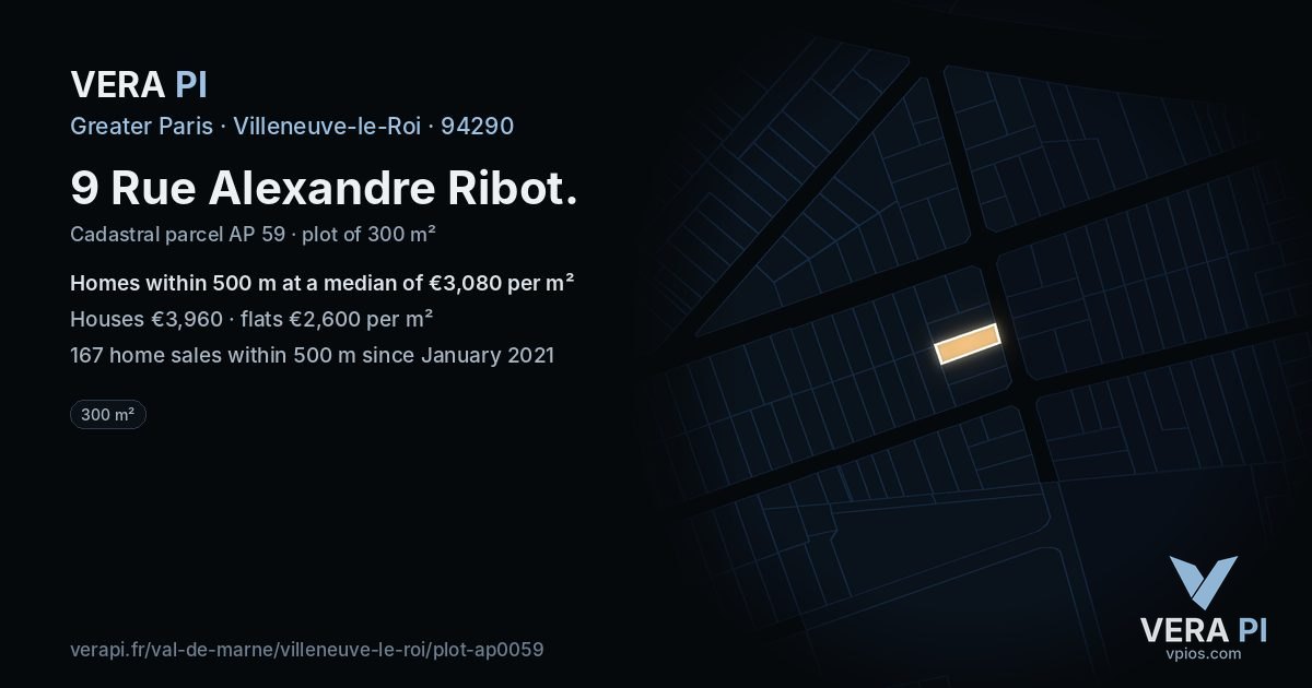 9 Rue Alexandre Ribot, Villeneuve-le-Roi at night – the plot lit, the parcels around coloured by the prices near them
