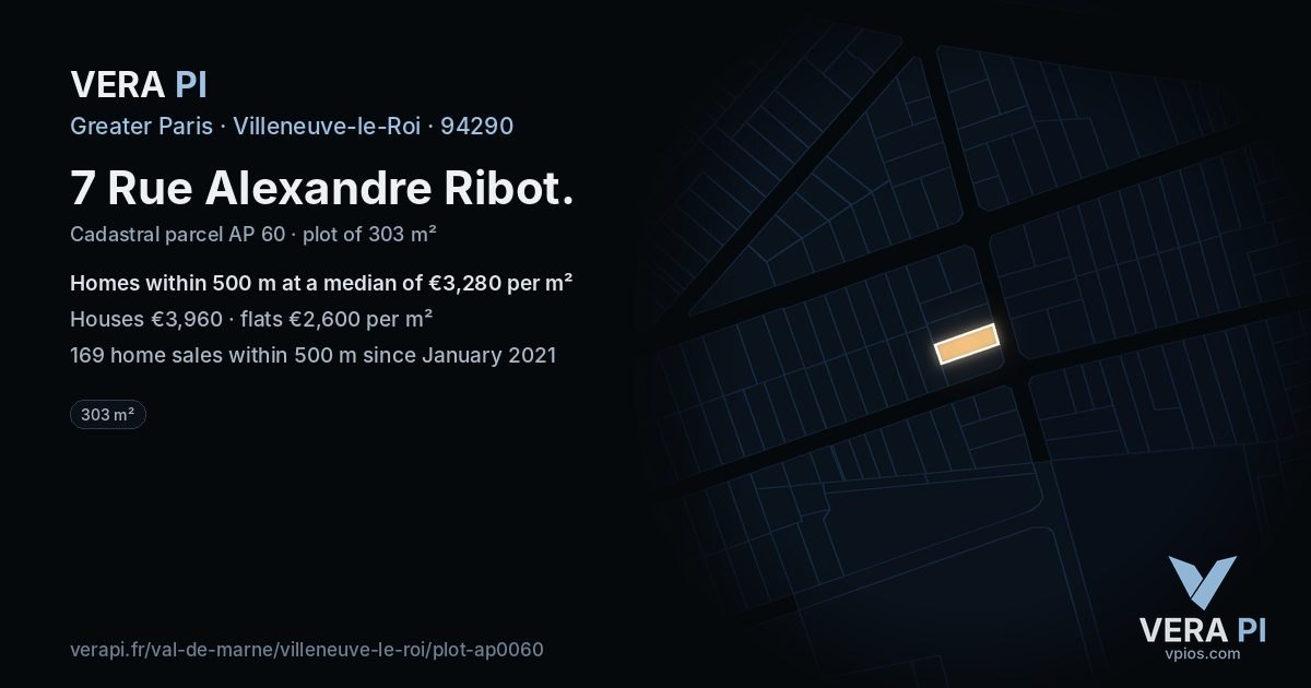 7 Rue Alexandre Ribot, Villeneuve-le-Roi at night – the plot lit, the parcels around coloured by the prices near them