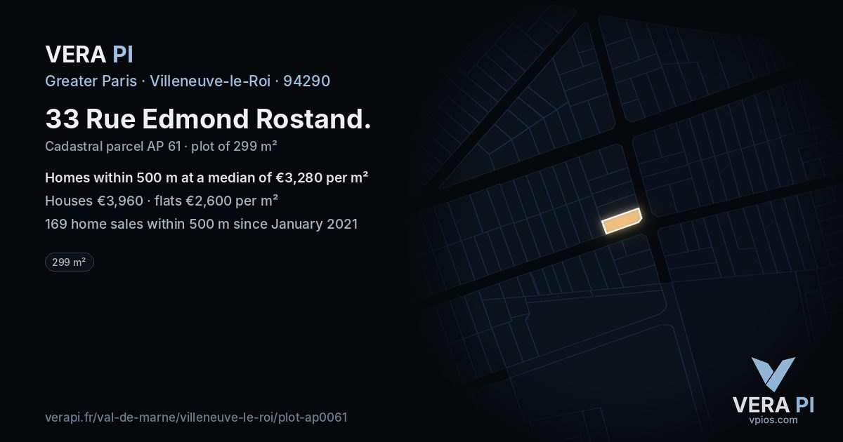 33 Rue Edmond Rostand, Villeneuve-le-Roi at night – the plot lit, the parcels around coloured by the prices near them