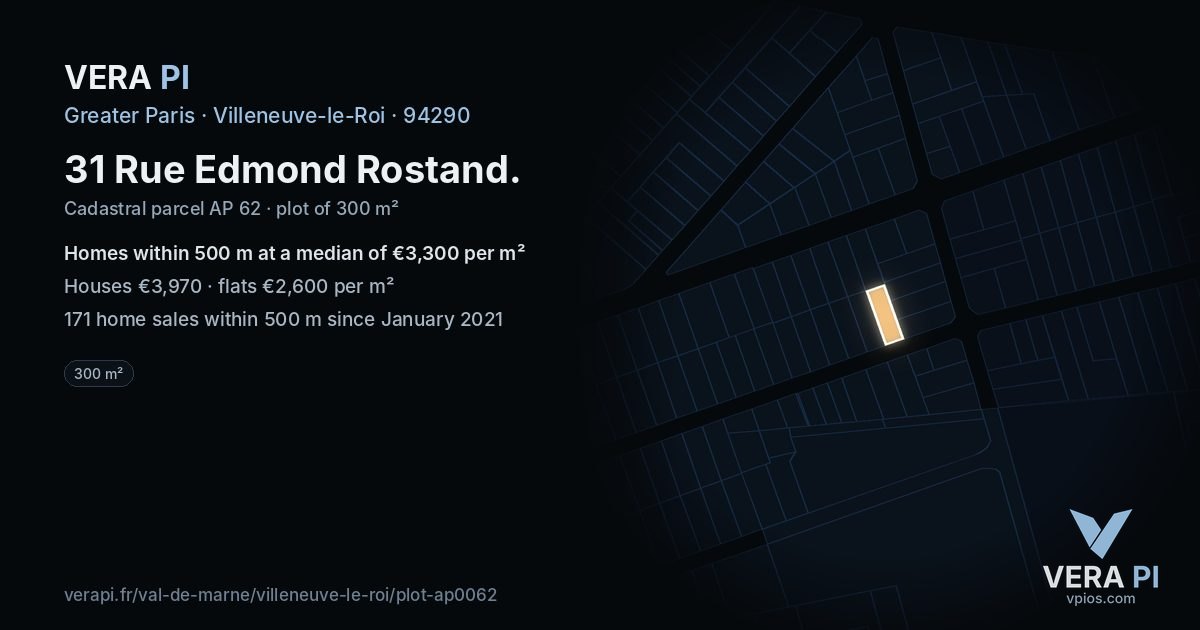 31 Rue Edmond Rostand, Villeneuve-le-Roi at night – the plot lit, the parcels around coloured by the prices near them