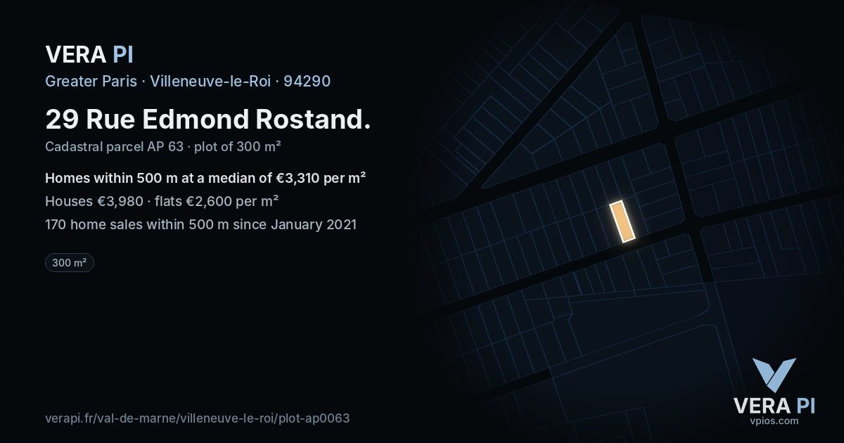 29 Rue Edmond Rostand, Villeneuve-le-Roi at night – the plot lit, the parcels around coloured by the prices near them