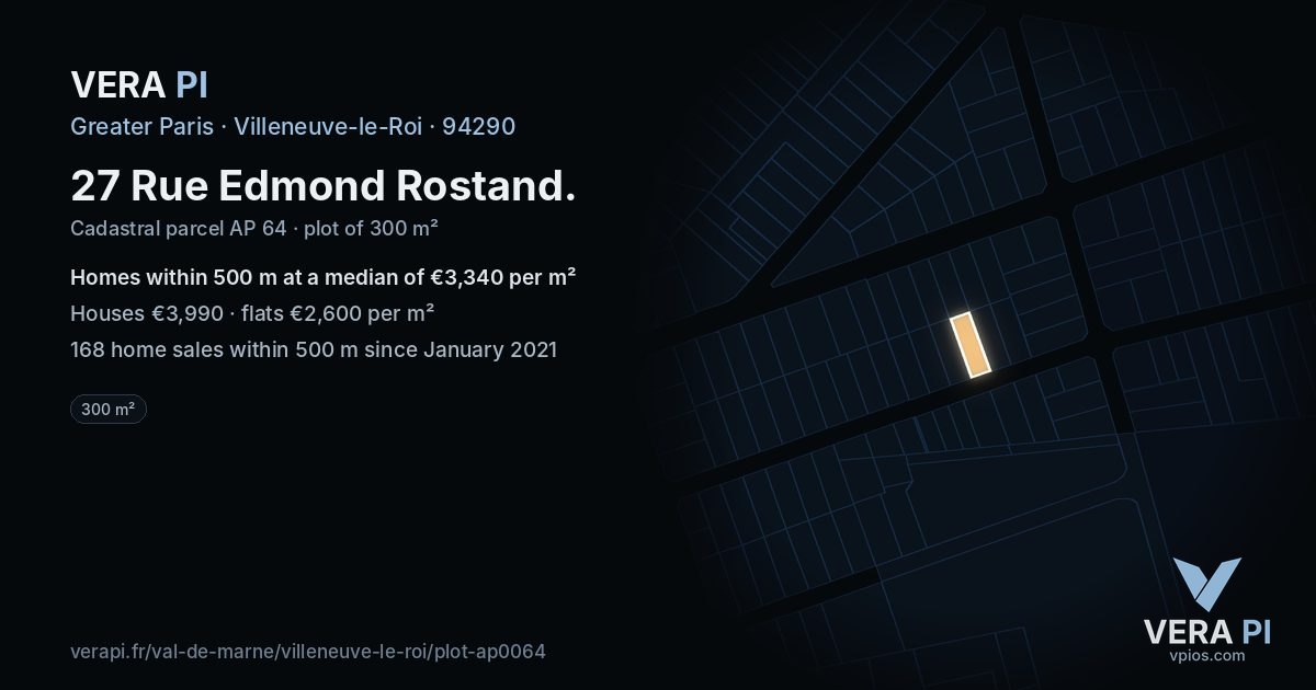 27 Rue Edmond Rostand, Villeneuve-le-Roi at night – the plot lit, the parcels around coloured by the prices near them