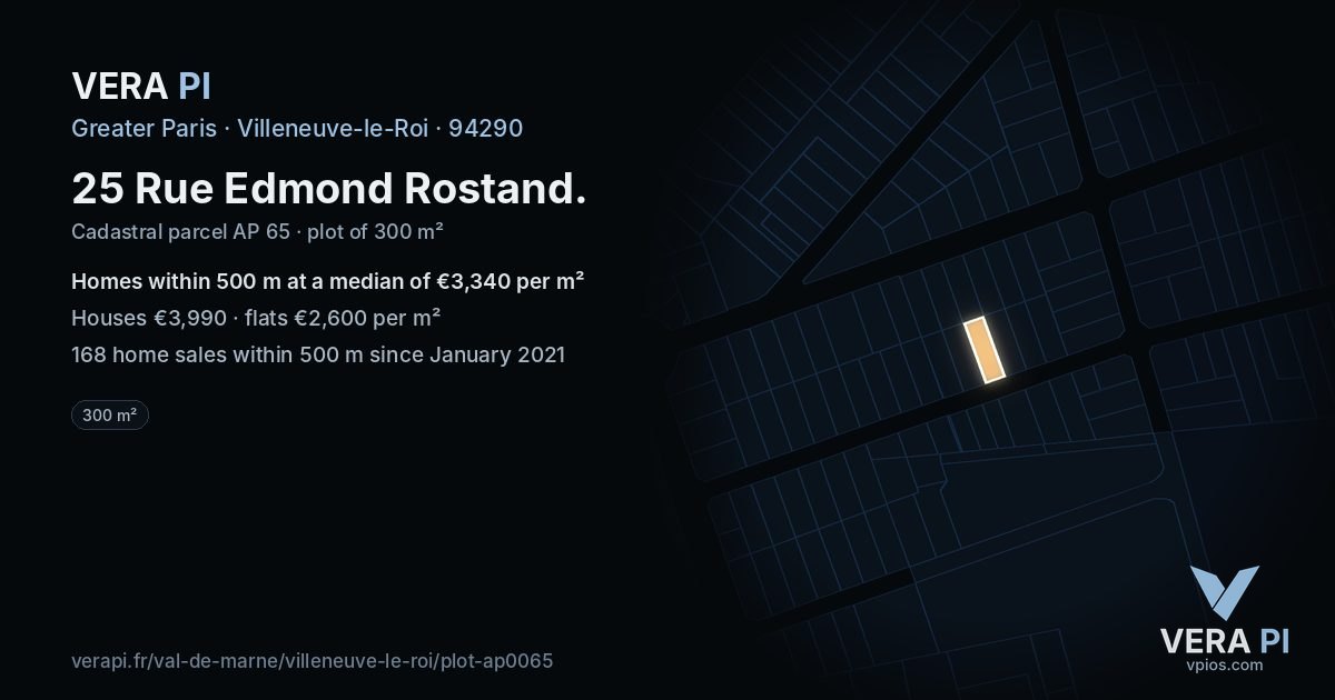 25 Rue Edmond Rostand, Villeneuve-le-Roi at night – the plot lit, the parcels around coloured by the prices near them