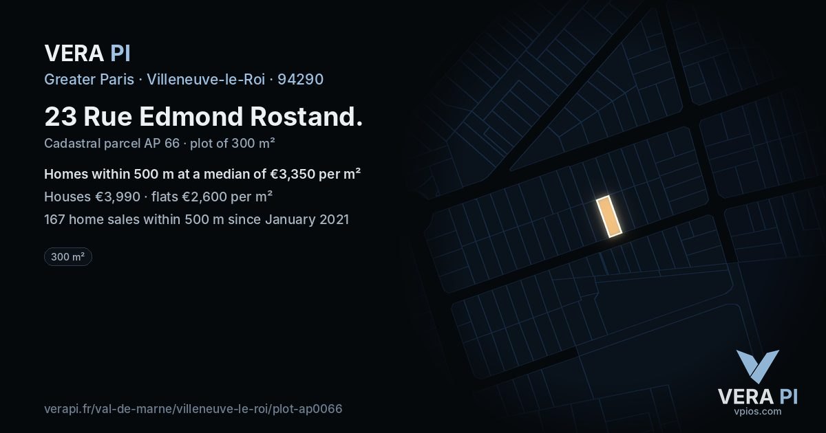23 Rue Edmond Rostand, Villeneuve-le-Roi at night – the plot lit, the parcels around coloured by the prices near them