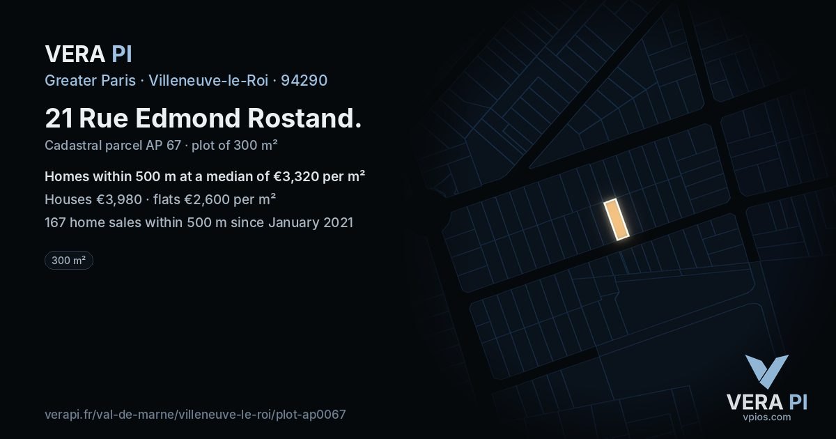21 Rue Edmond Rostand, Villeneuve-le-Roi at night – the plot lit, the parcels around coloured by the prices near them
