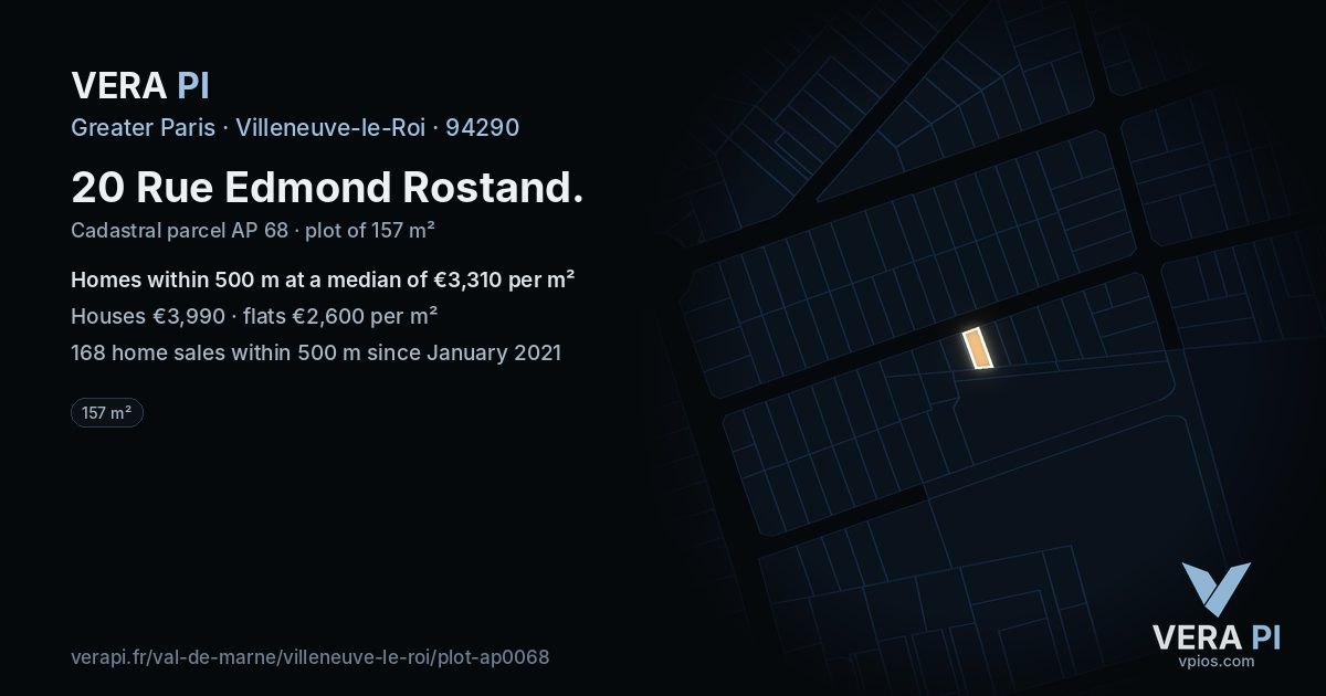 20 Rue Edmond Rostand, Villeneuve-le-Roi at night – the plot lit, the parcels around coloured by the prices near them