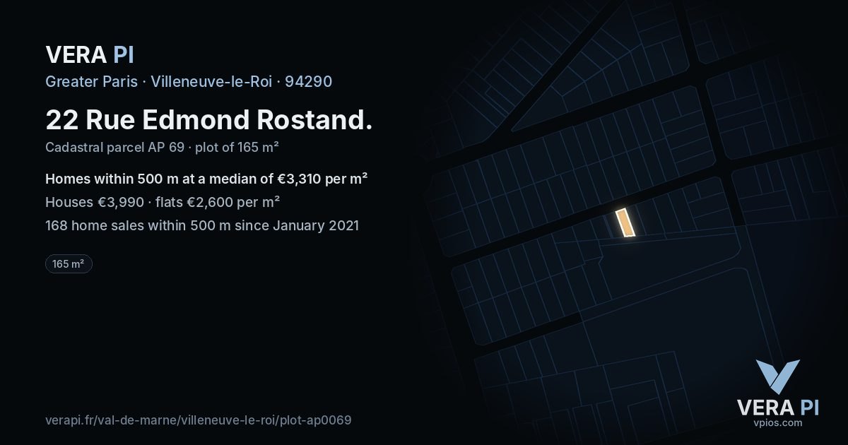 22 Rue Edmond Rostand, Villeneuve-le-Roi at night – the plot lit, the parcels around coloured by the prices near them