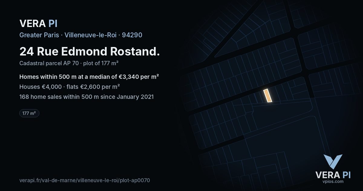 24 Rue Edmond Rostand, Villeneuve-le-Roi at night – the plot lit, the parcels around coloured by the prices near them