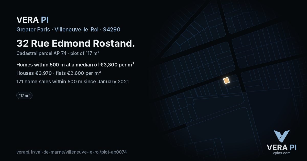 32 Rue Edmond Rostand, Villeneuve-le-Roi at night – the plot lit, the parcels around coloured by the prices near them
