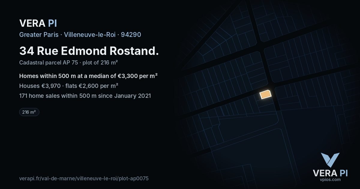 34 Rue Edmond Rostand, Villeneuve-le-Roi at night – the plot lit, the parcels around coloured by the prices near them
