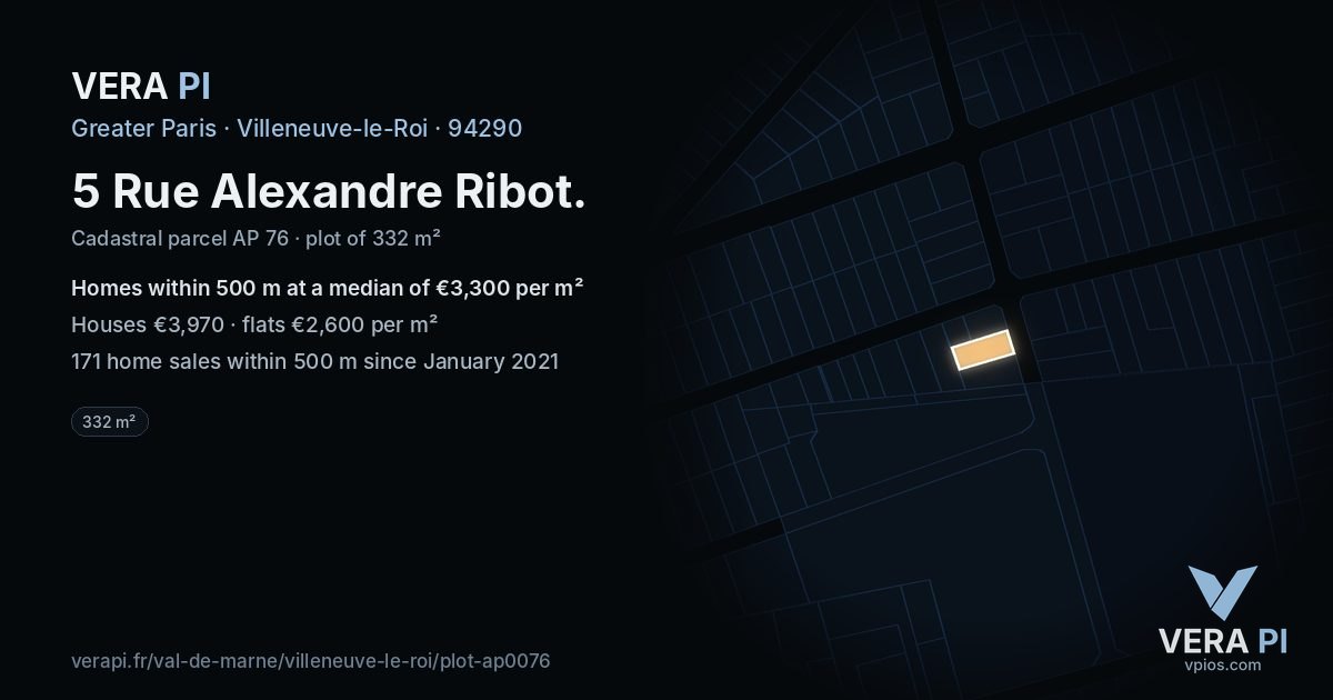 5 Rue Alexandre Ribot, Villeneuve-le-Roi at night – the plot lit, the parcels around coloured by the prices near them