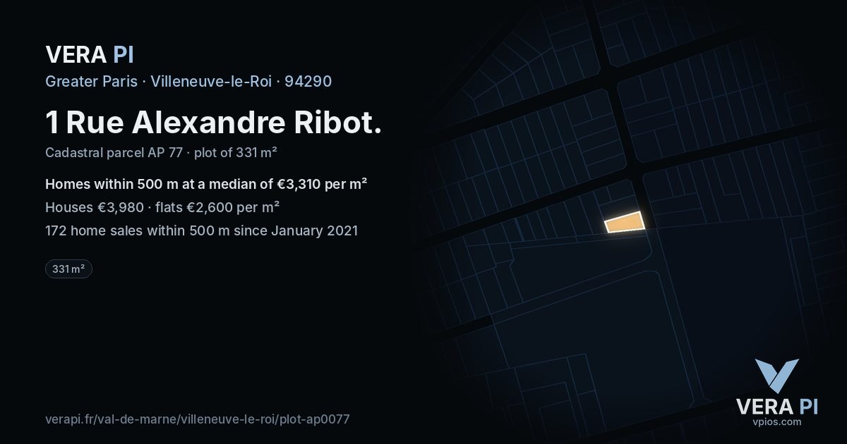 1 Rue Alexandre Ribot, Villeneuve-le-Roi at night – the plot lit, the parcels around coloured by the prices near them