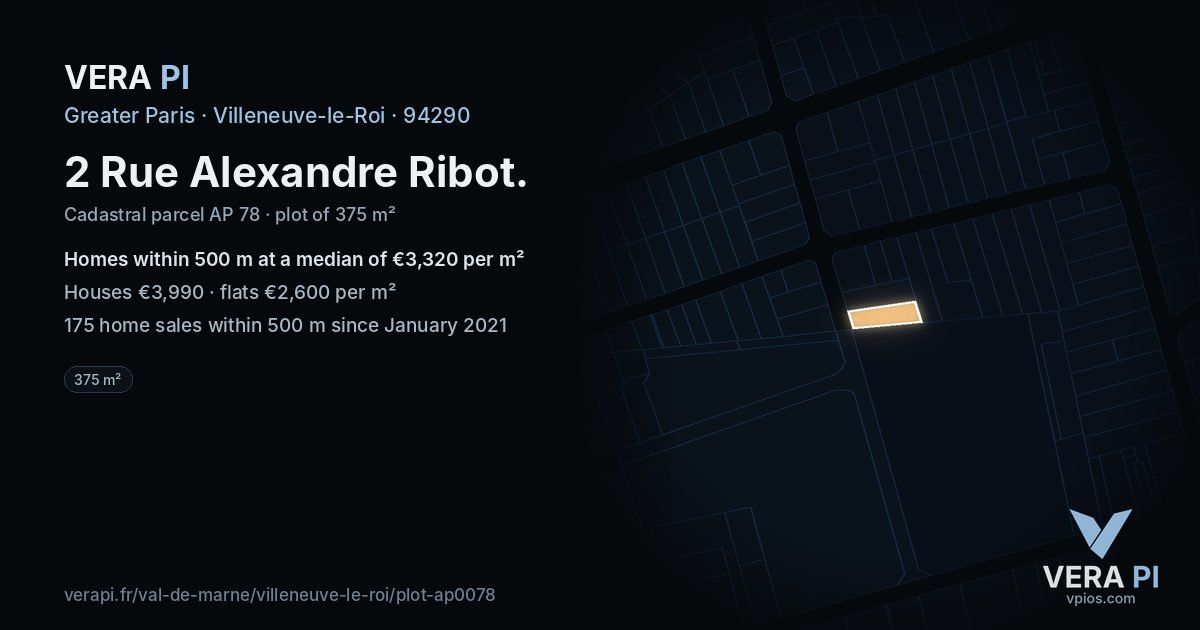 2 Rue Alexandre Ribot, Villeneuve-le-Roi at night – the plot lit, the parcels around coloured by the prices near them