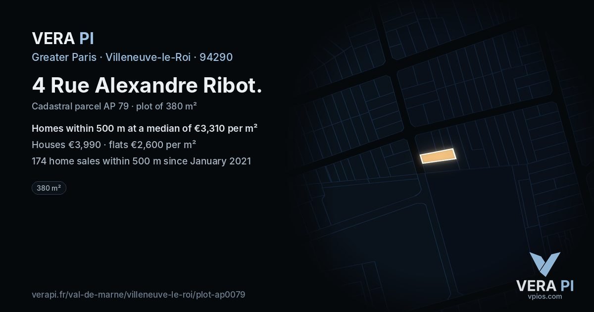 4 Rue Alexandre Ribot, Villeneuve-le-Roi at night – the plot lit, the parcels around coloured by the prices near them