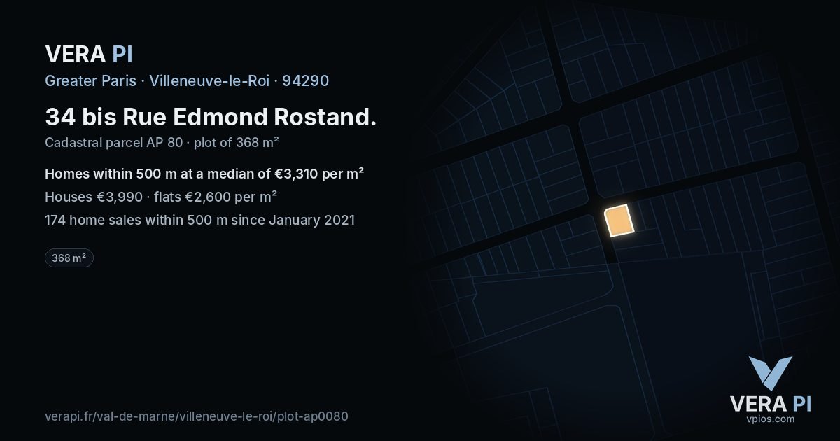 34 bis Rue Edmond Rostand, Villeneuve-le-Roi at night – the plot lit, the parcels around coloured by the prices near them
