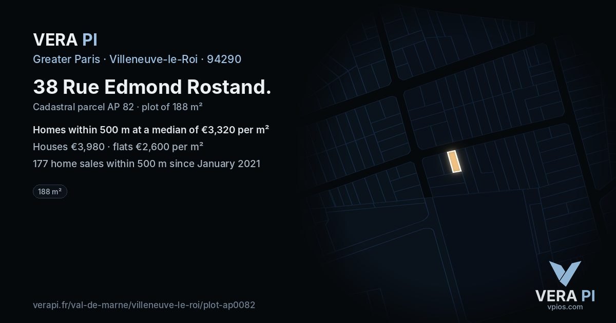 38 Rue Edmond Rostand, Villeneuve-le-Roi at night – the plot lit, the parcels around coloured by the prices near them