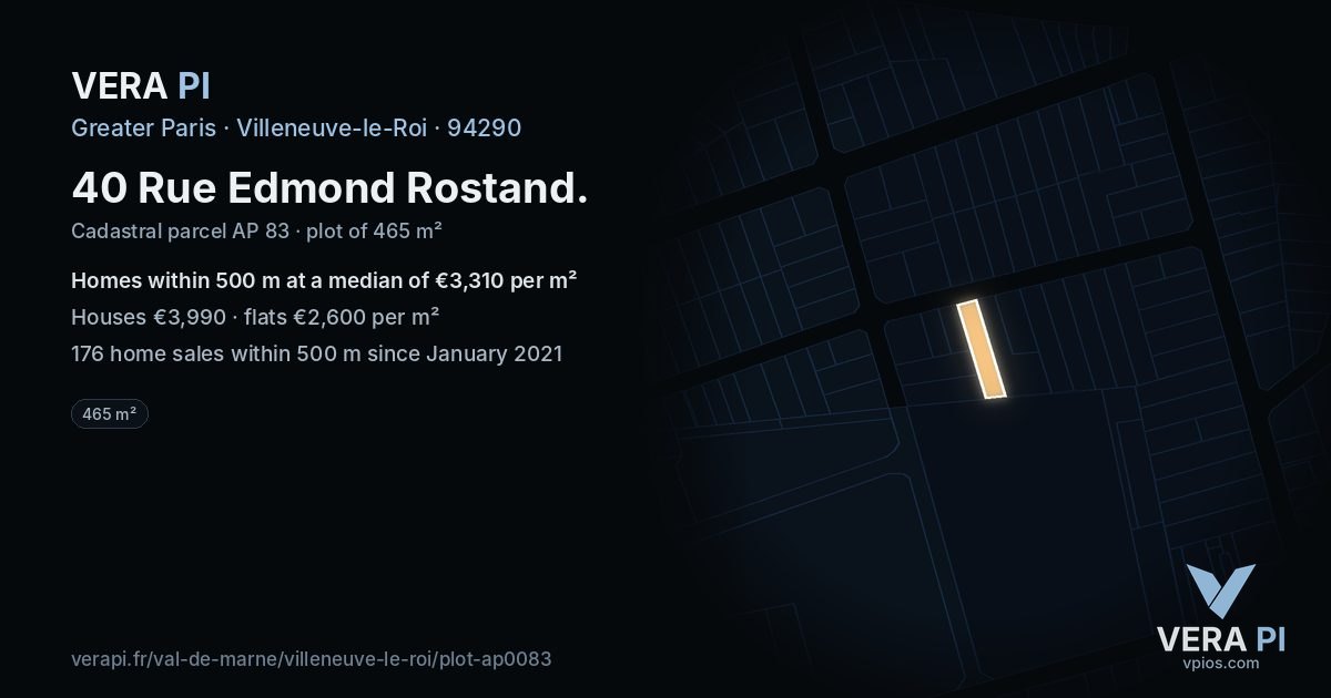 40 Rue Edmond Rostand, Villeneuve-le-Roi at night – the plot lit, the parcels around coloured by the prices near them