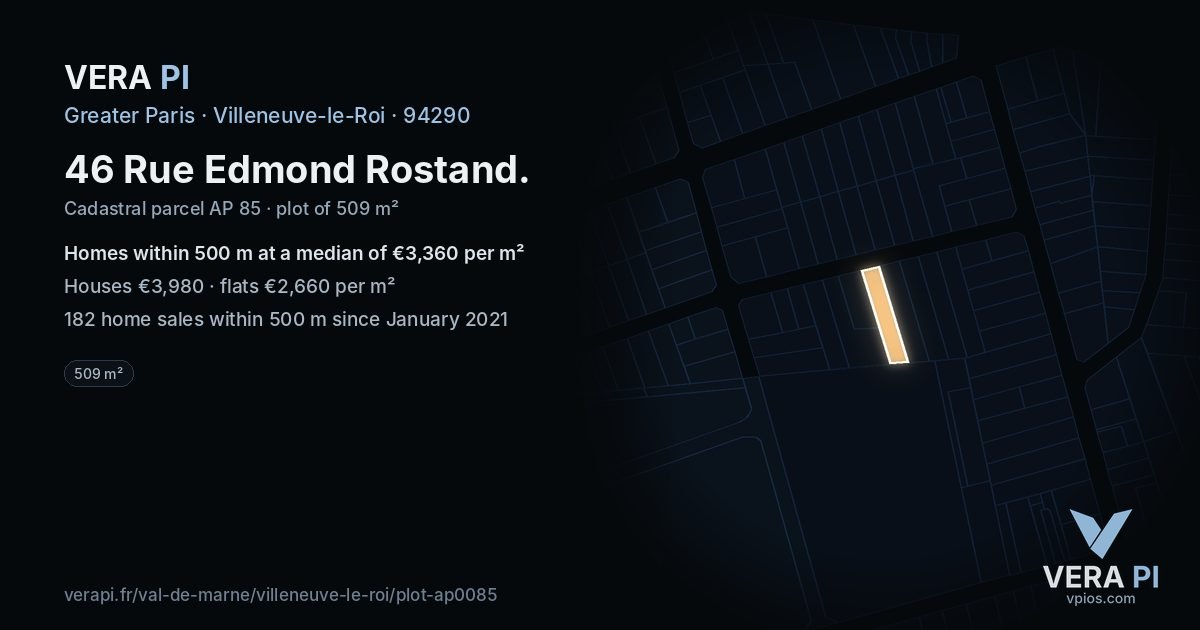 46 Rue Edmond Rostand, Villeneuve-le-Roi at night – the plot lit, the parcels around coloured by the prices near them