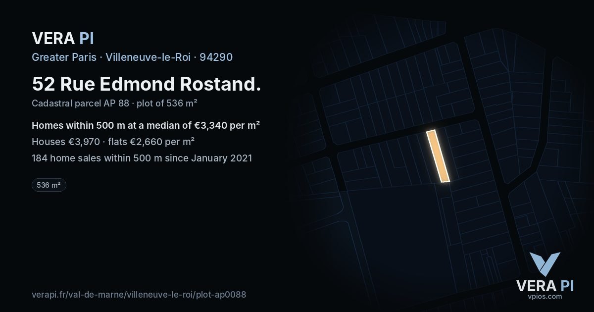 52 Rue Edmond Rostand, Villeneuve-le-Roi at night – the plot lit, the parcels around coloured by the prices near them