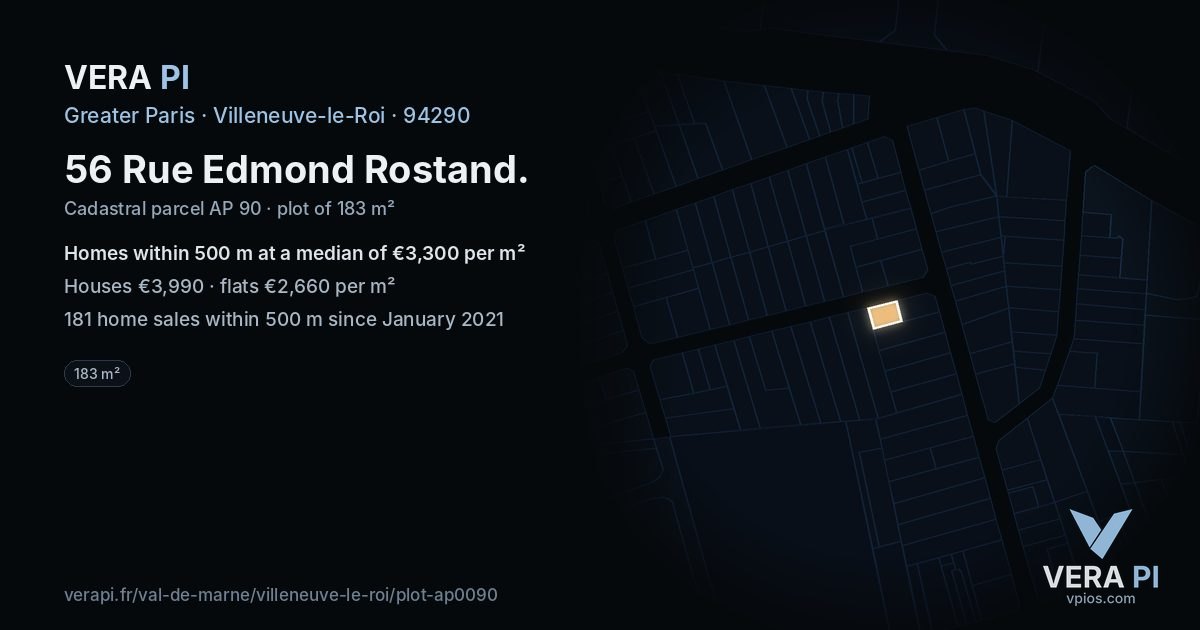 56 Rue Edmond Rostand, Villeneuve-le-Roi at night – the plot lit, the parcels around coloured by the prices near them