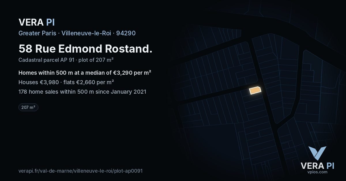 58 Rue Edmond Rostand, Villeneuve-le-Roi at night – the plot lit, the parcels around coloured by the prices near them