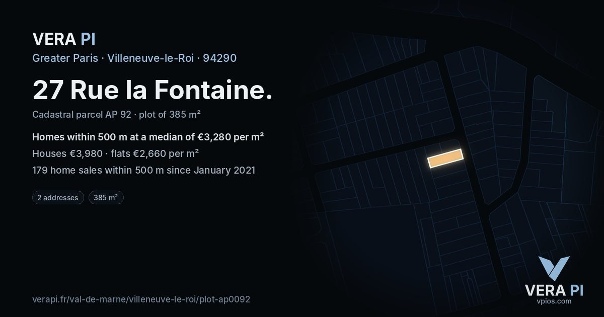 27 Rue la Fontaine, Villeneuve-le-Roi at night – the plot lit, the parcels around coloured by the prices near them