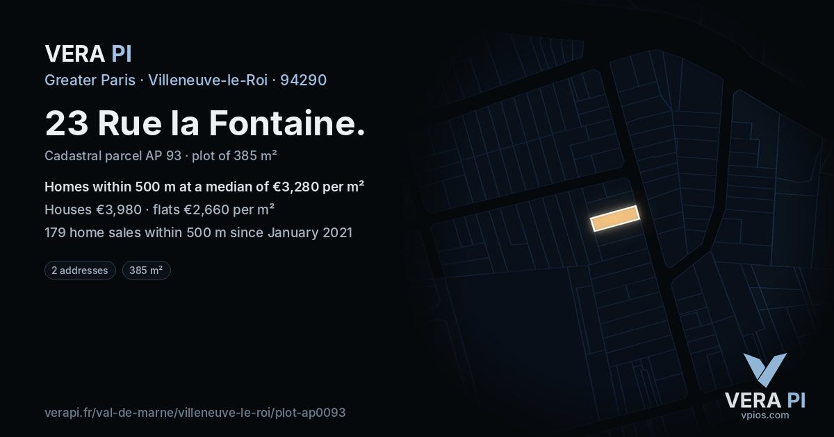 23 Rue la Fontaine, Villeneuve-le-Roi at night – the plot lit, the parcels around coloured by the prices near them