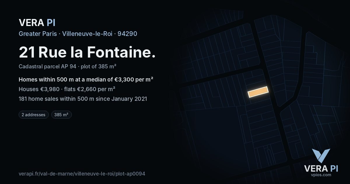 21 Rue la Fontaine, Villeneuve-le-Roi at night – the plot lit, the parcels around coloured by the prices near them