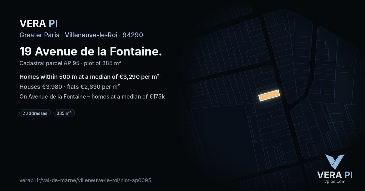 19 Avenue de la Fontaine, Villeneuve-le-Roi at night – the plot lit, the parcels around coloured by the prices near them