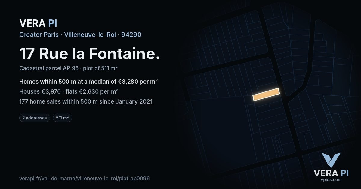 17 Rue la Fontaine, Villeneuve-le-Roi at night – the plot lit, the parcels around coloured by the prices near them