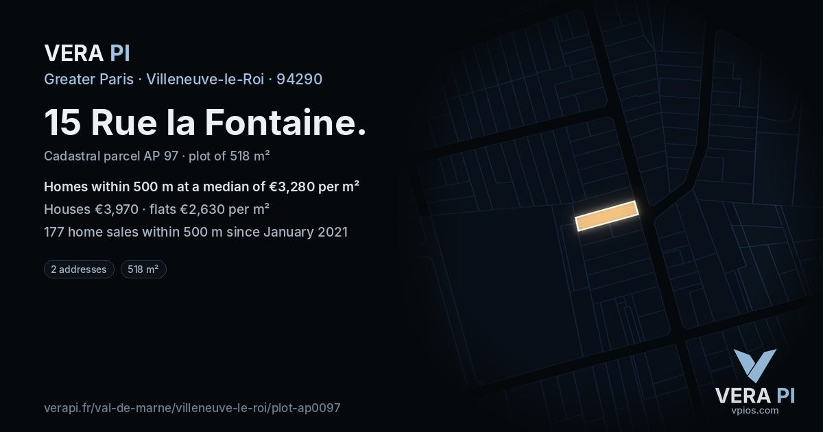 15 Rue la Fontaine, Villeneuve-le-Roi at night – the plot lit, the parcels around coloured by the prices near them