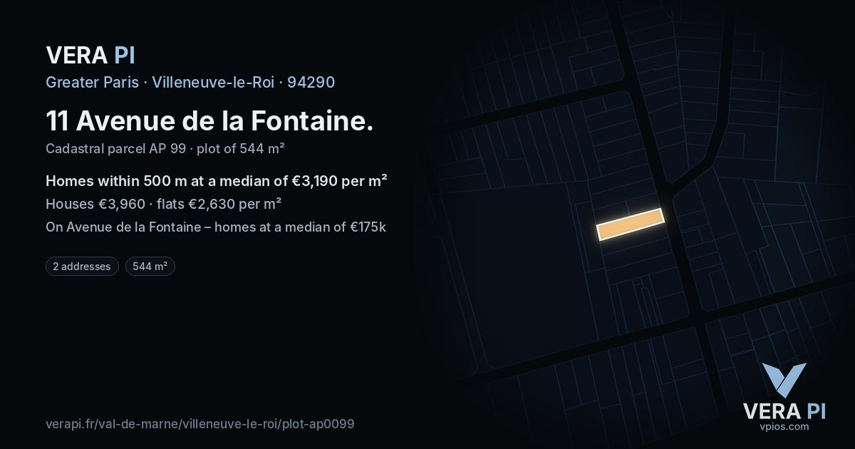 11 Avenue de la Fontaine, Villeneuve-le-Roi at night – the plot lit, the parcels around coloured by the prices near them