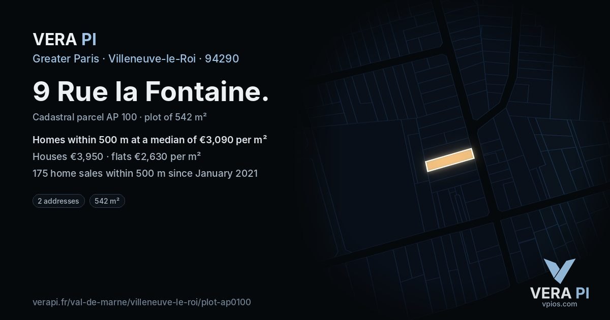 9 Rue la Fontaine, Villeneuve-le-Roi at night – the plot lit, the parcels around coloured by the prices near them