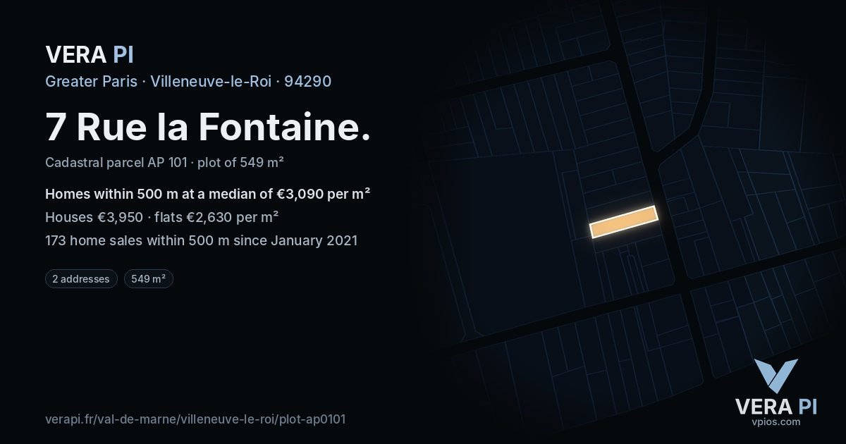 7 Rue la Fontaine, Villeneuve-le-Roi at night – the plot lit, the parcels around coloured by the prices near them