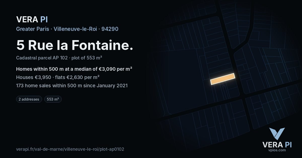 5 Rue la Fontaine, Villeneuve-le-Roi at night – the plot lit, the parcels around coloured by the prices near them