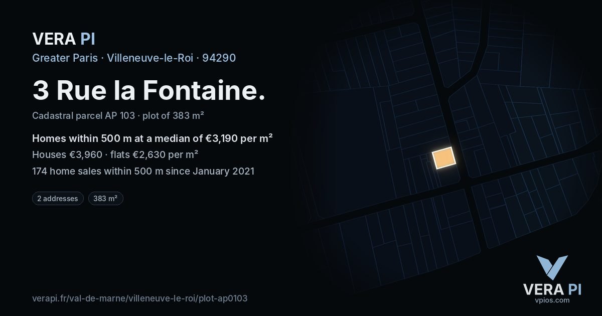3 Rue la Fontaine, Villeneuve-le-Roi at night – the plot lit, the parcels around coloured by the prices near them