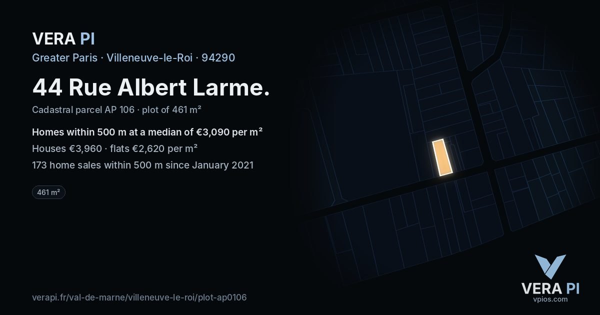 44 Rue Albert Larme, Villeneuve-le-Roi at night – the plot lit, the parcels around coloured by the prices near them
