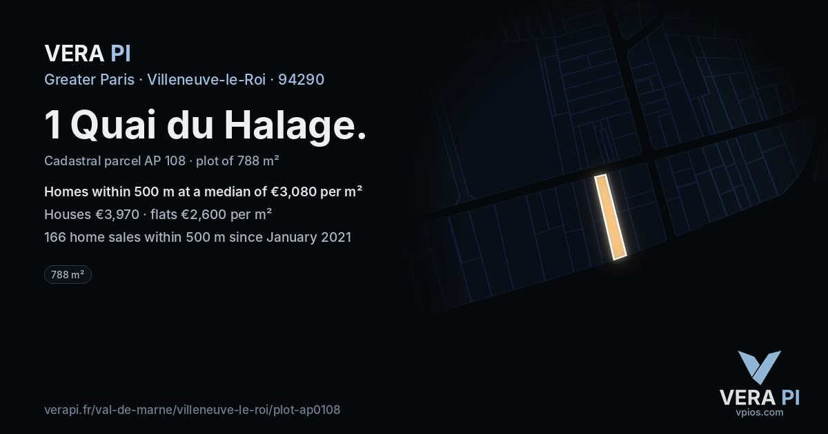 1 Quai du Halage, Villeneuve-le-Roi at night – the plot lit, the parcels around coloured by the prices near them