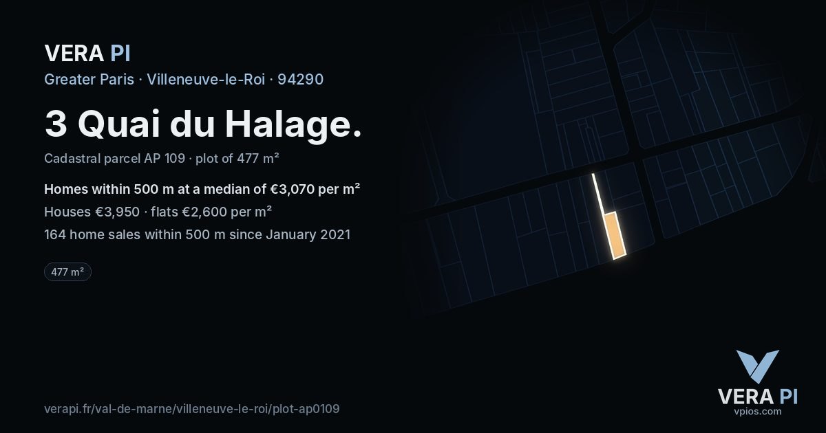 3 Quai du Halage, Villeneuve-le-Roi at night – the plot lit, the parcels around coloured by the prices near them