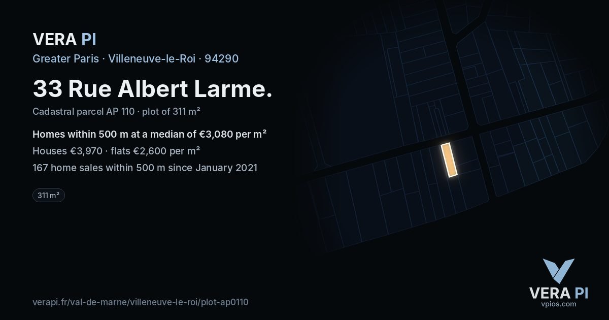 33 Rue Albert Larme, Villeneuve-le-Roi at night – the plot lit, the parcels around coloured by the prices near them