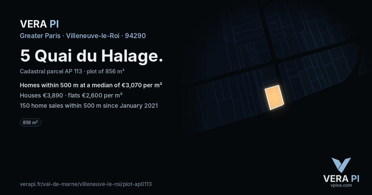 5 Quai du Halage, Villeneuve-le-Roi at night – the plot lit, the parcels around coloured by the prices near them